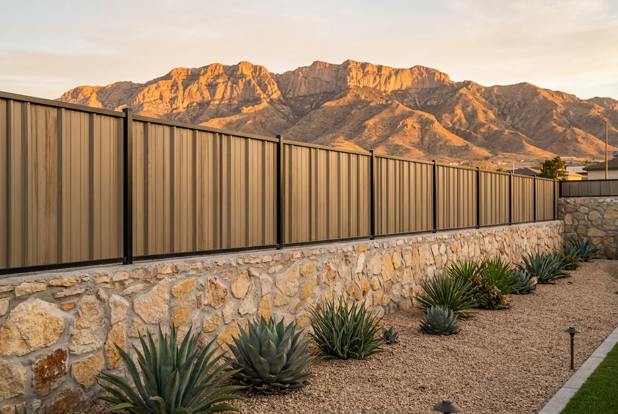 Custom El Paso fence with a native rock wall base and R-panel metal fencing above, with the Franklin Mountains at sunset